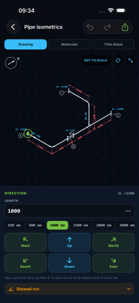 An isometric of the line: route, valves, dimensions, cut list and a PDF sheet.